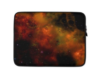 May include: A laptop sleeve with a colorful nebula design. The nebula is a mix of orange, red, and yellow colors with a dark background of stars.