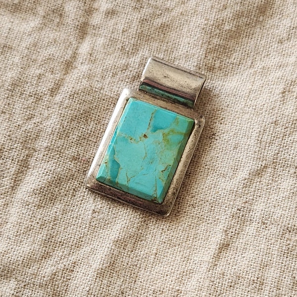 Brilliant Turquoise Rectangular Pendant / Statement Jewelry / Green Veins Blue Stone