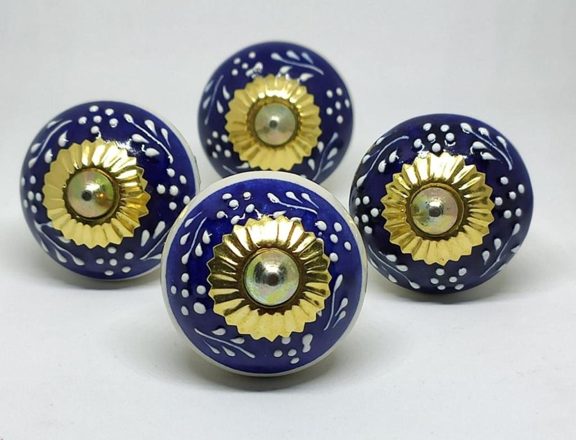 Blue White Ceramic Knobs Cupboard Door Handle Hand Painted Etsy
