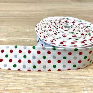 QUILT BINDING - Christmas - Red, Green and Silver Metallic Polka Dot - 100% Cotton - 7, 9 OR 11 yard roll