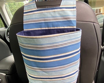 Car Trash Bag, Waterproof Canvas Lining, Cotton Canvas Exterior, Hook and Loop Closure, Head Rest Attachment, Blue Stripe Print, Garbage Bin