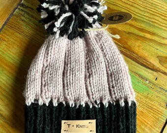 Pale Pink Knit Hat with Pom – Small Adult Beanie