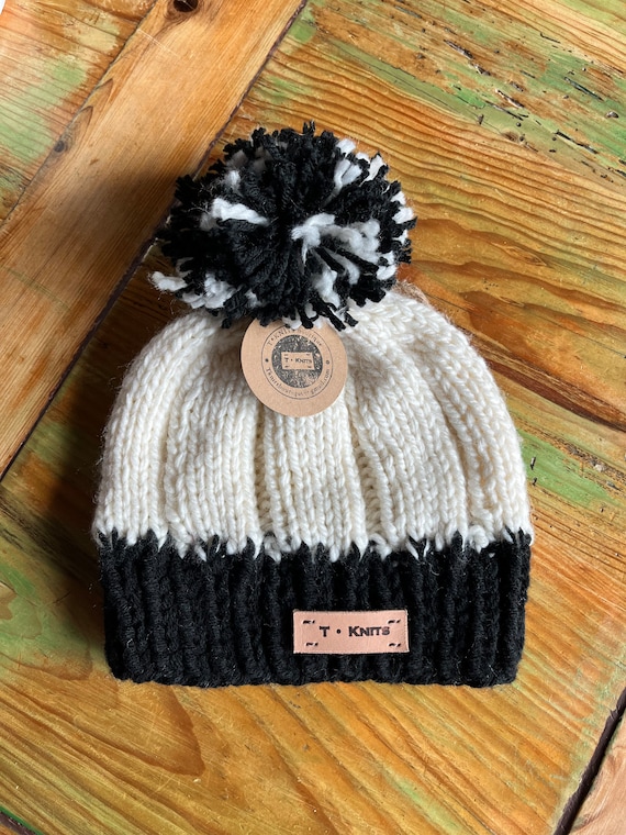 Cream and Black Pom Beanie - Etsy