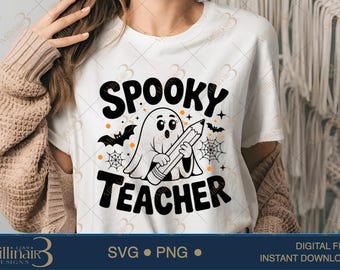 May include: White t-shirt with a Halloween-themed graphic. The design features a ghost holding a pencil, bats, spiderwebs, and the words "Spooky Teacher" in black. The shirt is a digital file.
