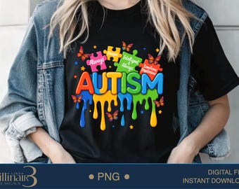 May include: Black t-shirt with a colorful graphic of the word "AUTISM" in puzzle pieces with dripping paint. The puzzle pieces have text that reads "Always and Always" and "Sometimes Mysterious".