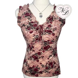 L&#39;EST ROSE Floral Plaid Velvety Top