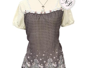 Axes Femme Brown Plaid Floral Blouse Top