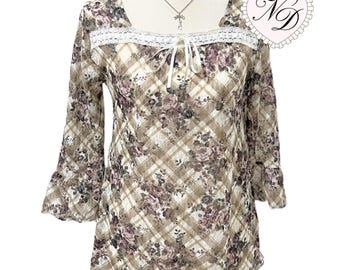 L'EST ROSE Plaid Floral Blouse Top