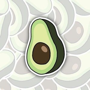 May include: A green avocado with a brown seed, illustrated in a cartoon style. The avocado is surrounded by a pattern of avocado halves.