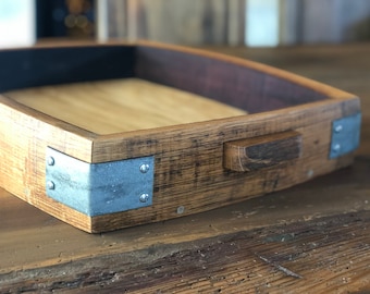 Wine Barrel Tray with Metal Detail and Wood Handles