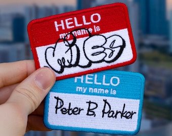 Hello My Name Is Miles and Peter Parker Embroidered Patch – Spider Universe Superhero Graffiti Name Tag Style, Iron-On or Sew-On, Street Art