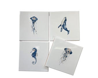 Kiln Fired Ceramic Sea Creature Wall Tile – Handmade Coastal Nautical Beach House Decor – Art Tile for Bathroom or Kitchen