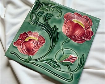 Art Nouveau No. 5 Ceramic Tile Set of 2 – Vintage Style Reproduction Printed Design for Home Decor