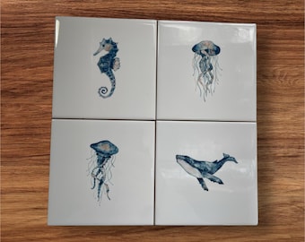 Sea Creatures Heat Set Ceramic Wall Tile x 1 (choose a size and design)