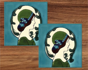 Art Nouveau Ceramic Tile Set: Lady in Green Hat, Retro Decor