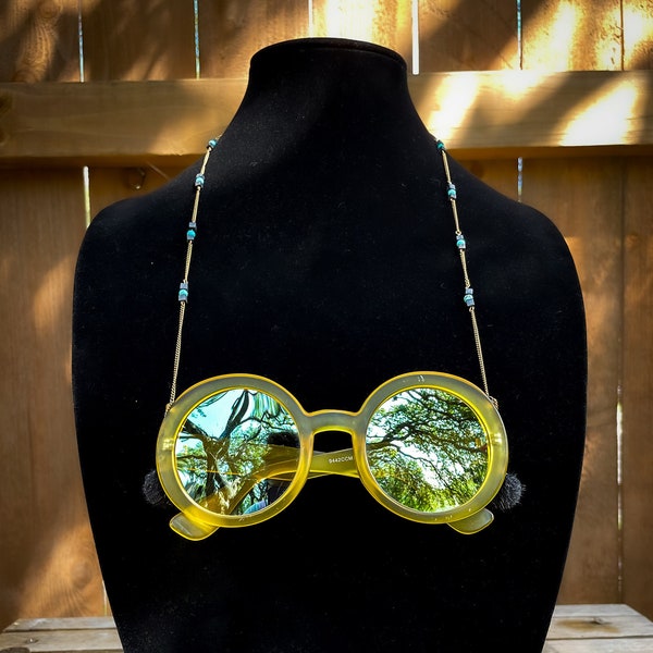 Handmade Turquoise and Brass Glasses Chain | Summer Style, Eyeglass Accessory, Lanyard, Sunglasses holder, Wire wrapped, puff balls, quirky