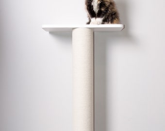 White cat scratcher with shelf 15.7" (40cm), wall mounted, white cotton, black cotton, jute, sisal