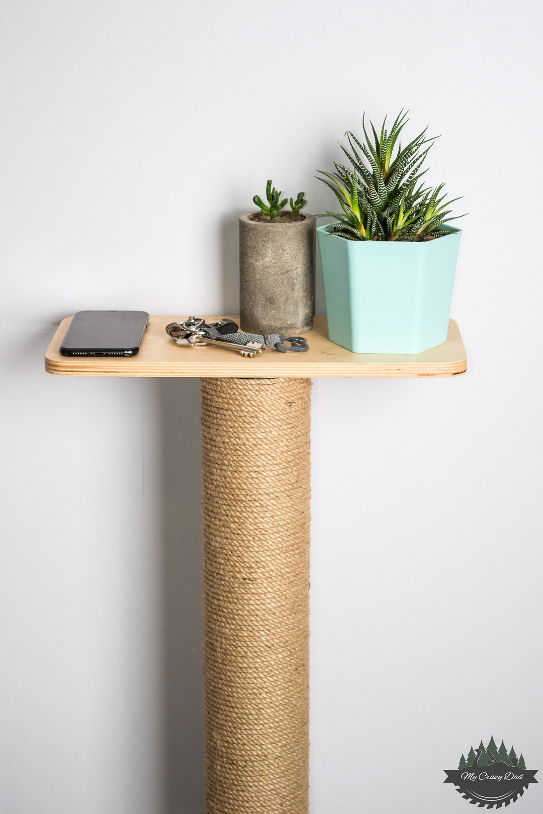 Natural Wood Cat Scratcher With Shelf 15.7 40cm, Wall Mounted, Jute