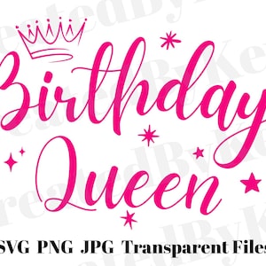 Puede incluir: Un diseño gráfico rosa con las palabras "Birthday Queen" en cursiva, adornado con una corona y estrellas. Debajo, se lee "SVG PNG JPG Transparent Files". El diseño está sobre un fondo blanco.