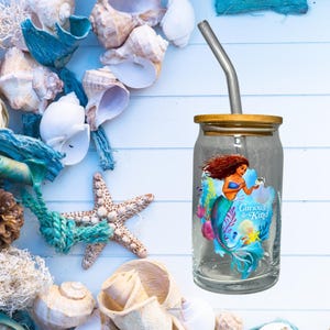 Mermaid Cute Glass Cup with Lid and Straw | 16oz Iced Coffee Cup | Princess Glass Tumbler | Water Princess | Under the Sea
