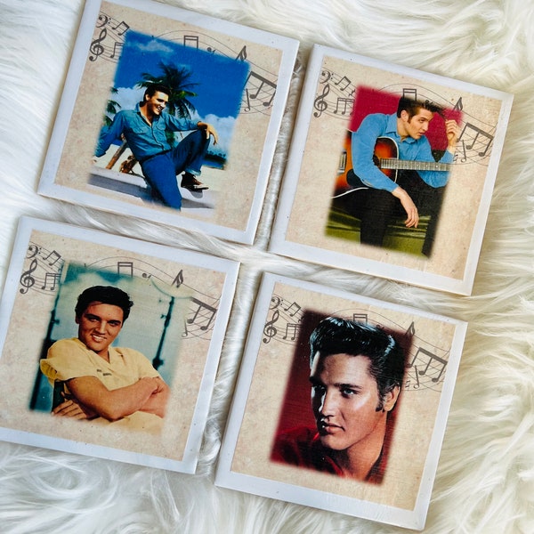 Elvis Presley The King of Rock & Roll 5" x 5" White Gloss Ceramic Tile Coasters. Set of 4. Great Gift!