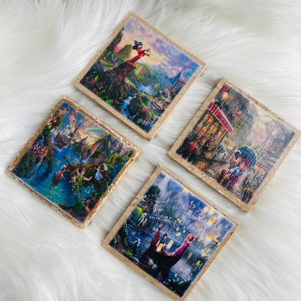 Set of 4 Thomas Kinkade Disney Stone Tile 4 x 4 Coasters. Great Gift! Painter of Light