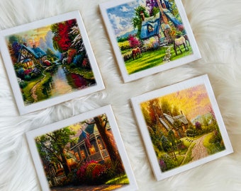 Set of 4 Thomas Kinkade Summer Scenes White Gloss Ceramic Tile 4 x 4 Coasters. Great Gift! Painter of Light