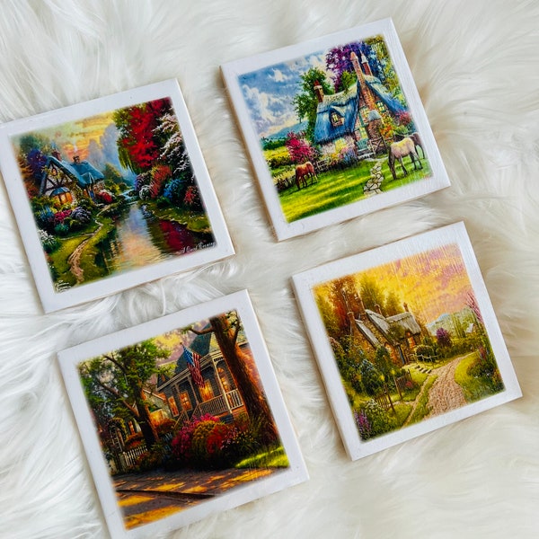 Set of 4 Thomas Kinkade Summer Scenes White Gloss Ceramic Tile 4 x 4 Coasters. Great Gift! Painter of Light