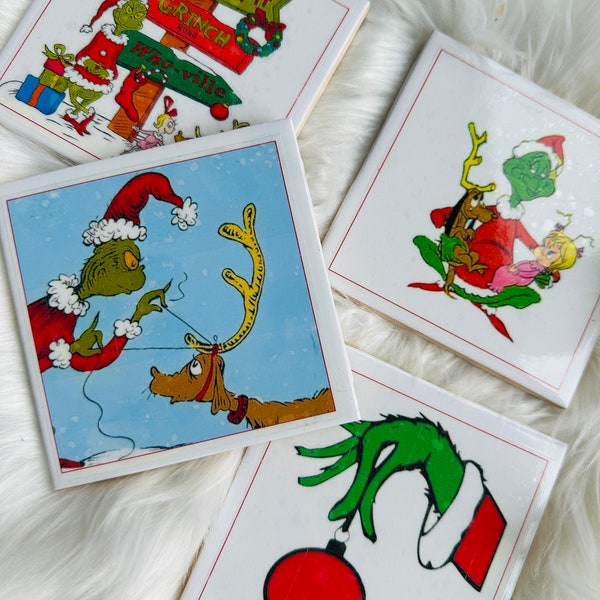 Set of 4 Christmas The Grinch - Dr. Seuss 5" x 5" White Ceramic Tile Coasters. Great Gift!