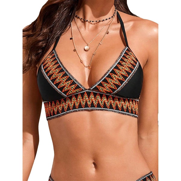 Top bikini push up con scollo all'americana e stampa Boho Chevron da donna di Verdusa