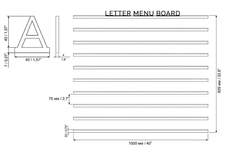 May include: A black and white line drawing of a letter menu board with dimensions in inches and millimeters. The board is 40 inches wide and 32.6 inches tall. The board has 8 rows of letters, each row is 2.7 inches tall. The board is labeled "LETTER MENU BOARD".
