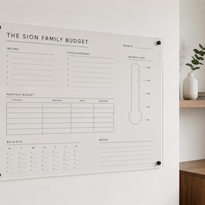 Könnte beinhalten: Ein transparenter Budgetplaner aus Acryl zur Wandmontage mit schwarzem Aufdruck. Das Board enthält Bereiche für Einnahmen, Fixkosten, eine monatliche Budgettabelle, ein Sparziel-Thermometer, einen Kalender für fällige Rechnungen und Notizen.