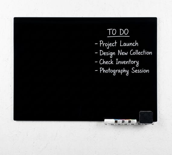Black Glass Dry Erase Board, Magnetic Tempered Glass Board for Home Office, Frameless Wall Mounted Chalkboard
