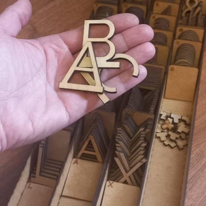 May include: A wooden box with compartments filled with various wooden letters. The letters are stacked in rows and are all the same size. The letters are in the alphabet, and there are multiple letters of each letter. A hand is holding three letters, "A", "B", and "C", in front of the box.