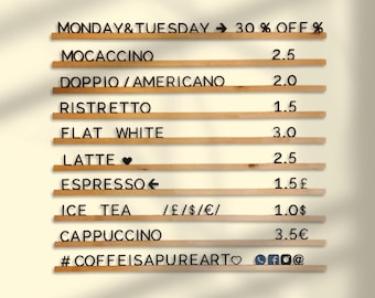 Black Letter Menu Board Natural Wood Rails, Changeable Bar Sign, Restaurant Price List Display