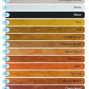 May include: A color chart with 16 different wood stain colors. The colors are labeled with numbers 1 through 16 and the names of the colors. The colors range from natural to dark brown.