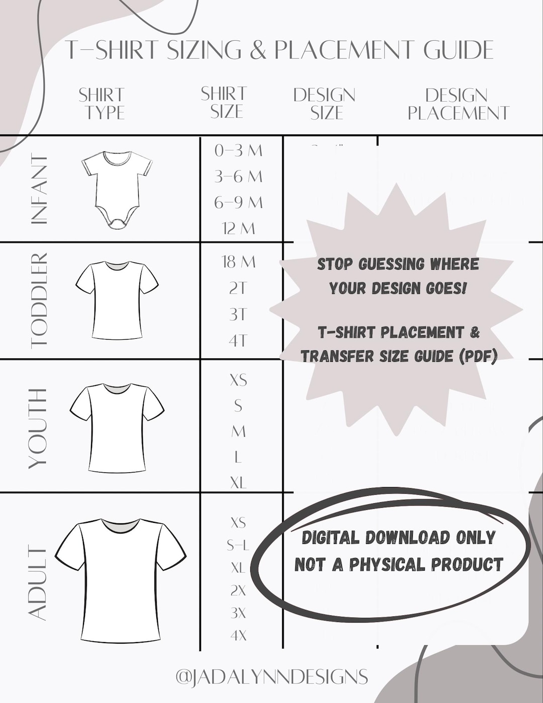 T-shirt Placement & Transfer Size Guide PDF | DTF and HTV Sizing Chart ...