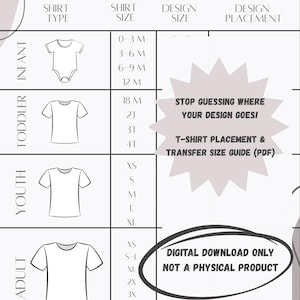 Puede incluir: Una guía de tallas y colocación de camisetas con ilustraciones de camisetas para bebés, niños pequeños, jóvenes y adultos. La guía incluye tallas de camisetas, tamaños de diseño e información de colocación. El texto incluye "¡Deja de adivinar dónde va tu diseño!" y "Solo descarga digital, no un producto físico."