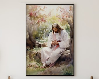 Jesus Wall Art, Christian Wall Art, Spiritual Wall Art, Watercolor Scripture Art, Modern Biblical Art, Jesus Praying in Garden of Gethsemane