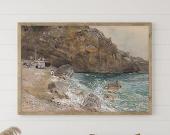 Vintage Coastal Wall Art, Beach Wall Decor, Italy Landscape Painting, Capri Nature Print, Sailing Wall Art, Watercolor Mediterranean Art