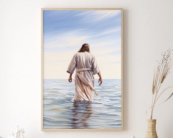 May include: A painting of a person walking into the water. The person is wearing a long white robe and is walking away from the viewer. The water is a light blue color and the sky is a light blue color with white clouds.