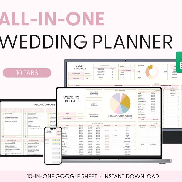 All in One Wedding Planner Spreadsheet, Digital Wedding Planning, Wedding Budget Worksheet, Wedding Checklist, Guest List Google Sheets