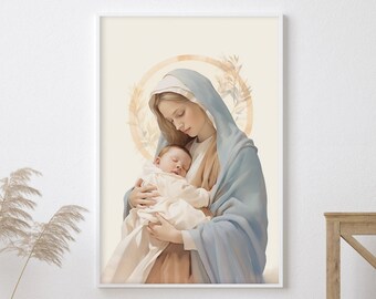 Mary Mother Of Jesus Wall Art, Christian Wall Art, Spiritual Wall Art, Watercolor Stella Maris Art, Modern Biblical Wall Art, Blessed Mother