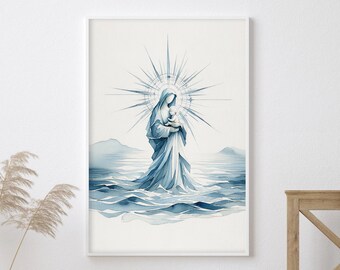 Star Of The Sea Wall Art, Christian Wall Art, Spiritual Wall Art, Watercolor Stella Maris Art, Modern Biblical Wall Art, Blessed Mother Art