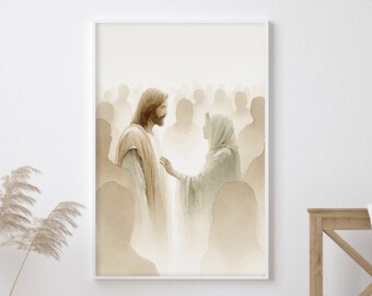 Woman Touches Jesus Wall Art, Christian Wall Art, Spiritual Wall Art, Watercolor Scripture Art, Modern Biblical Wall Art, Jesus Healing Art