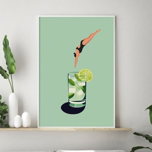 Gin & Tonic Wall Art, Framed Bar Cart Wall Art, Retro Print, Aesthetic 70s Wall Art, Cocktail Lover Gift, Kitchen Wall Art, Alcohol Wall Art