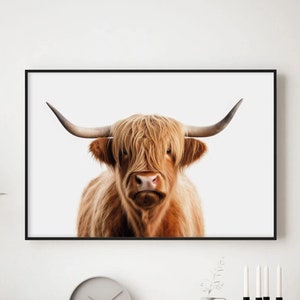 Farmhouse Highland Cow Print, Rustic Cow Wall Art, Large Rustic Wall Decor, Framed Animal Wall Art, Boho Scottish Highland Cow Poster