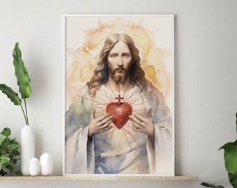 Sacred Heart of Jesus Wall Art, Inspiring Christian Wall Art, Spiritual Wall Art, Watercolor Catholic Wall Art, Bible Scripture Wall Art