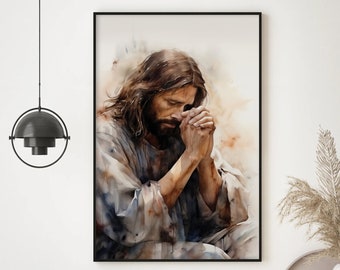 Jesus Praying Wall Art, Christian Wall Art, Spiritual Wall Art, Watercolor Scripture Art, Modern Biblical Wall Art, Jesus Healing Art