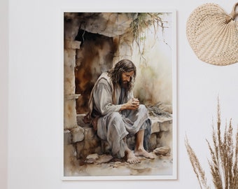 Jesus Praying Wall Art, Christian Wall Art, Spiritual Wall Art, Watercolor Scripture Art, Modern Biblical Wall Art, Jesus Healing Art